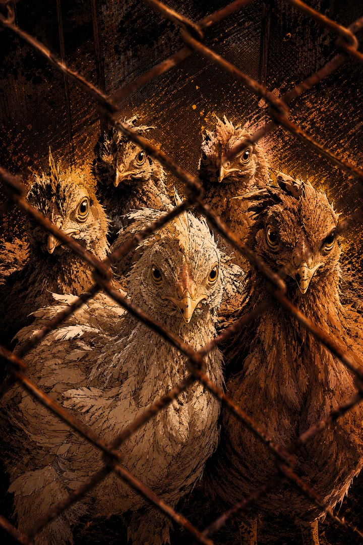 THE PULLETS: half-feathered buff and red-brown pullets behind wire mesh.