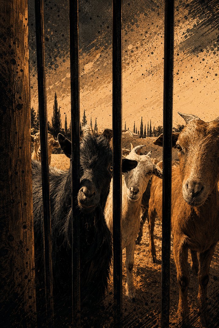 THE JURY: herd of black, white and tan goats crowded behind a barred gate.