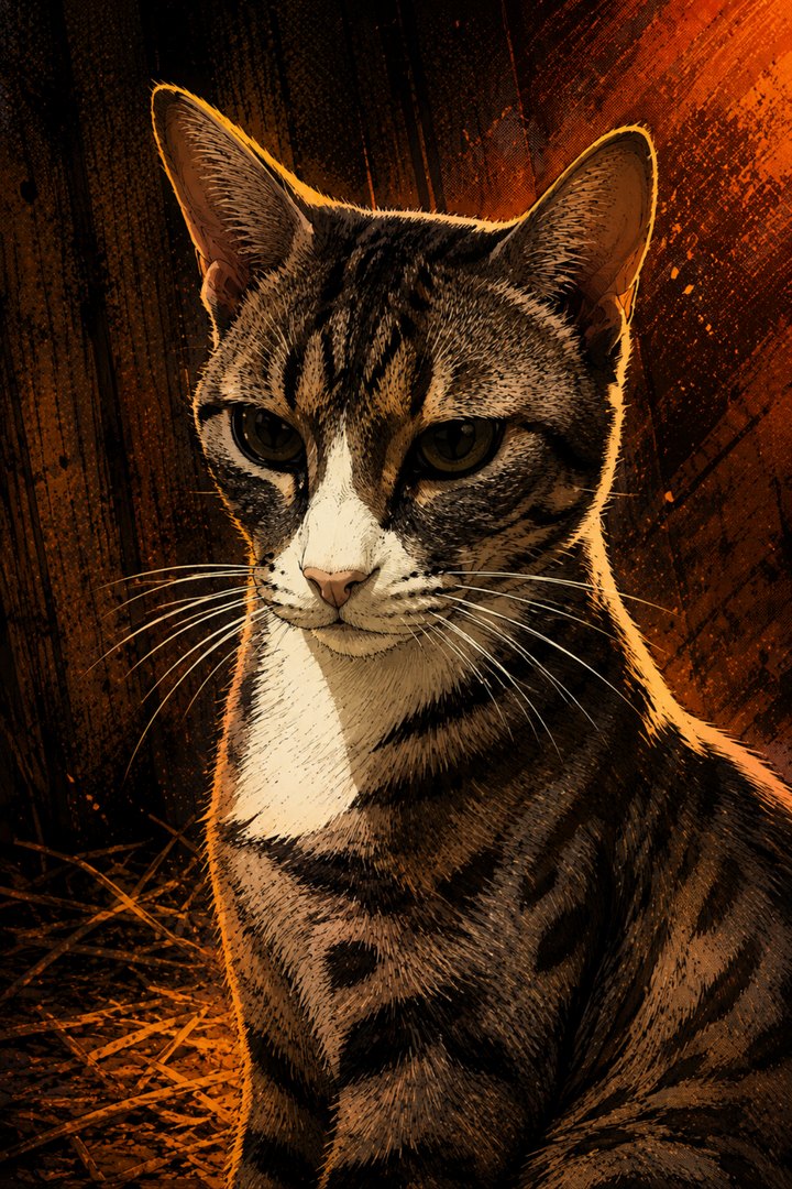 MAMA: brown-grey mackerel tabby cat with a white chin and bib.