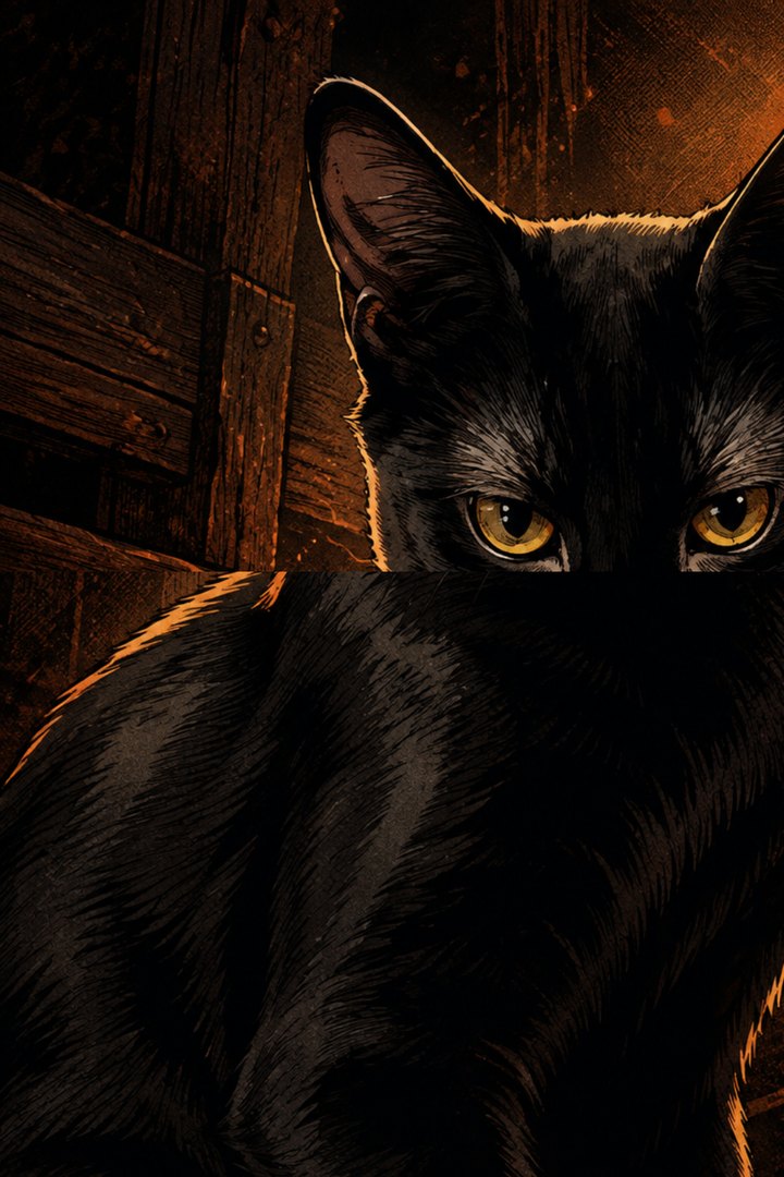 THE GHOST: black cat with faint ghost-tabby striping and yellow eyes.