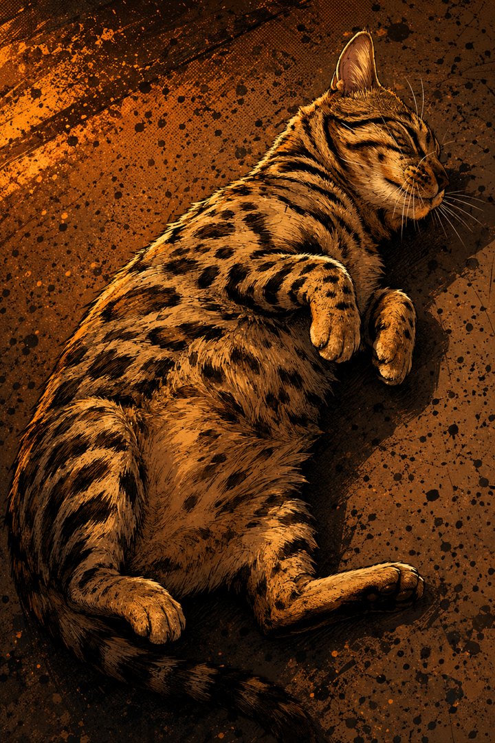 BENGAL: heavily rosetted and marbled cat lying belly-up.