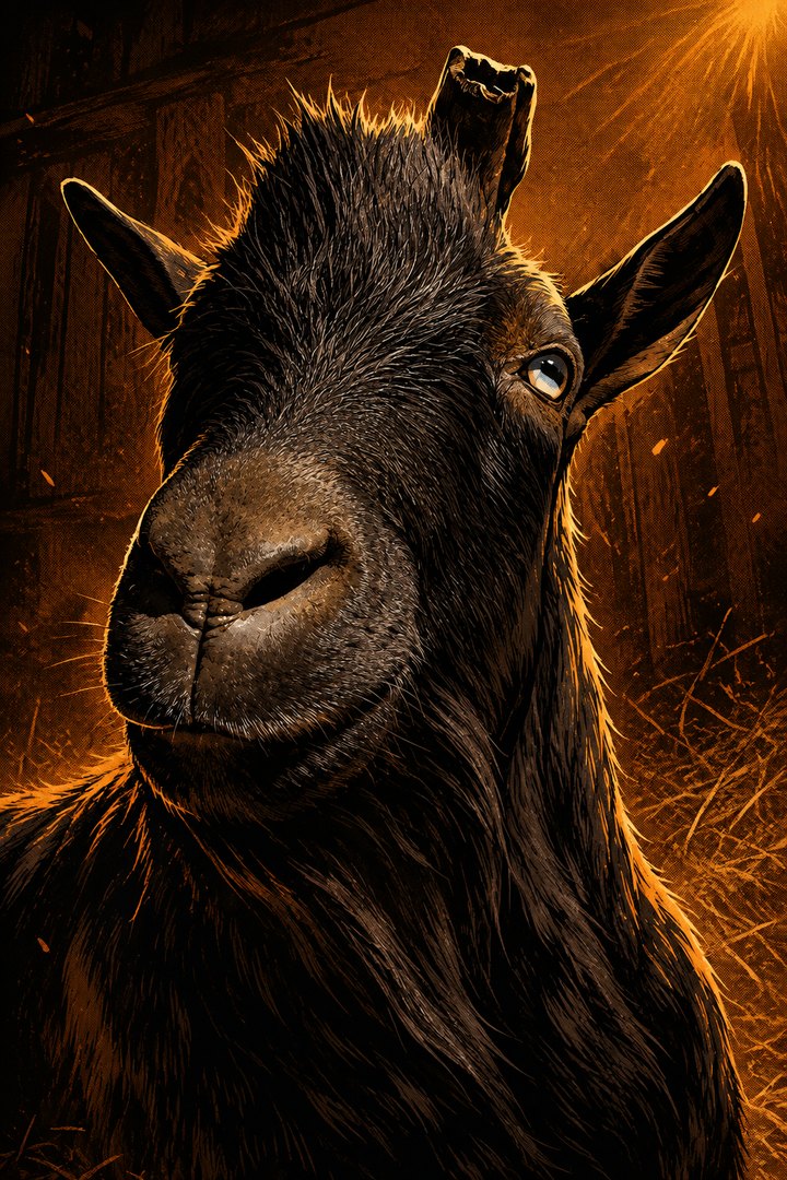 MITCHELL: black goat with a long beard and one eye.