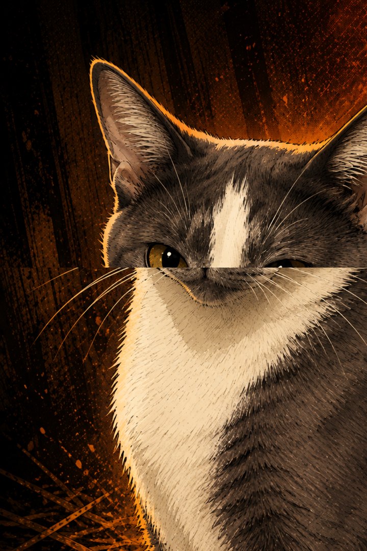 THE BLAZE: grey-and-white bicolour cat with a white blaze, dark nose patch and amber eyes.
