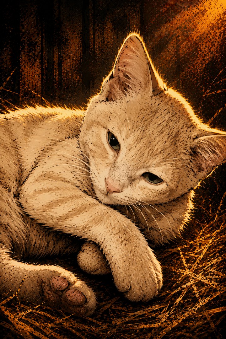 THE CREAM PUFF: cream semi-longhair kitten with an oversized ruff and half-lidded eyes.