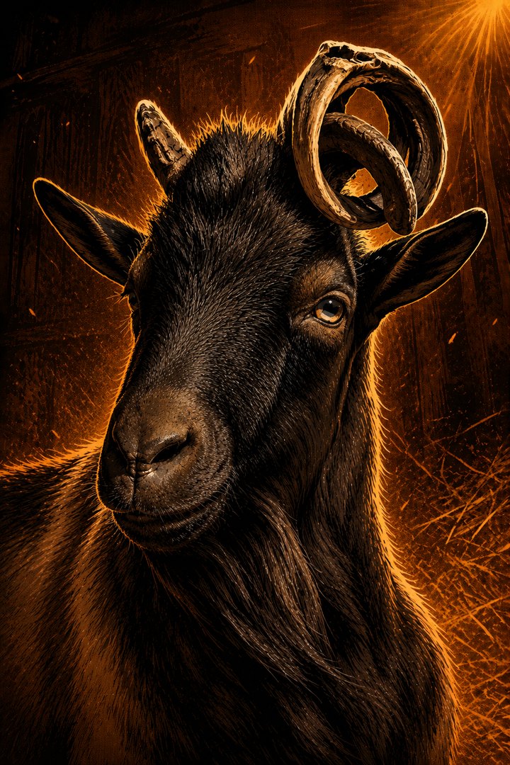CARL: large black billy goat with rust cheeks, a grizzled grey muzzle and heavy spiral horns.