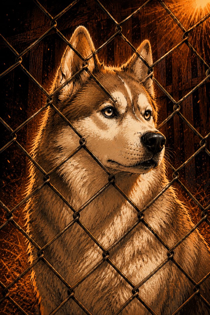 THE GATE HUSKY: copper-and-white Siberian Husky behind a chain-link gate.