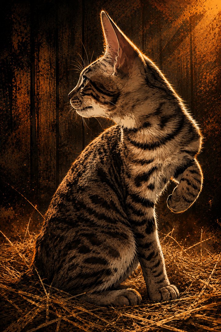 THE HAY KITTEN: brown tabby kitten with rosetted shoulders, sitting on hay with one paw raised.