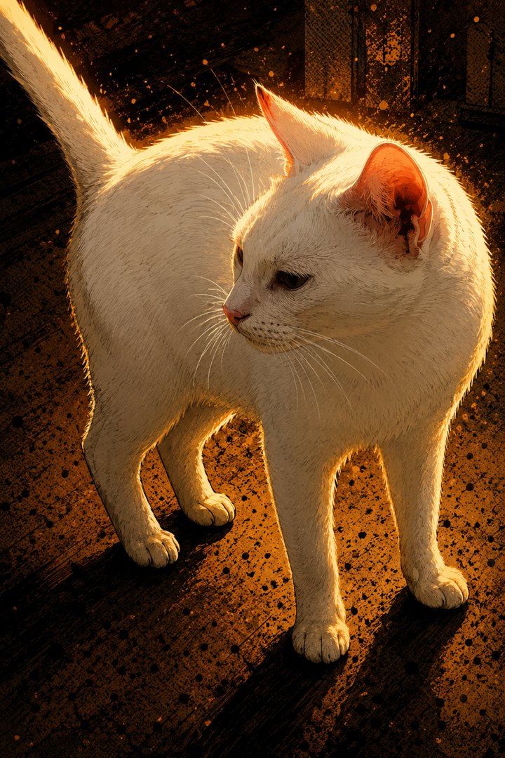 CLOUD: pure white short-haired cat with pink-lined ears, backlit.