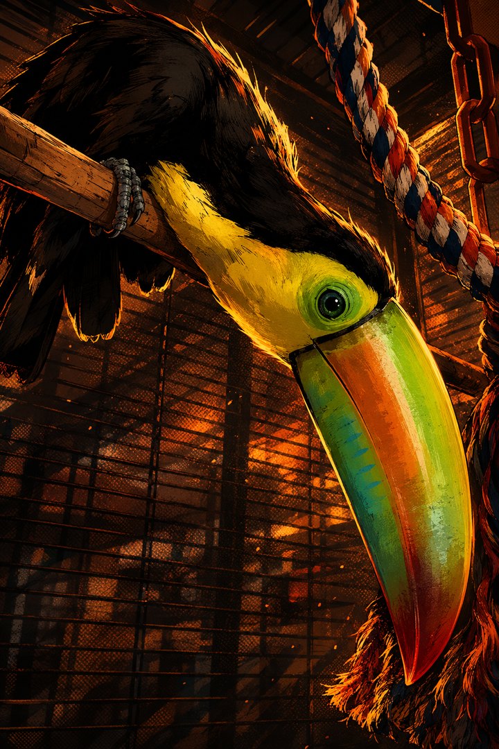 KIWI: keel-billed toucan with a green, orange and red bill and black plumage.