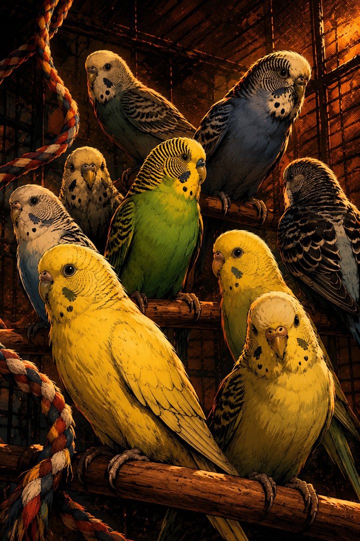 THE BUDGIES: yellow, green, blue and white budgerigars perched on wooden bars in a cage.