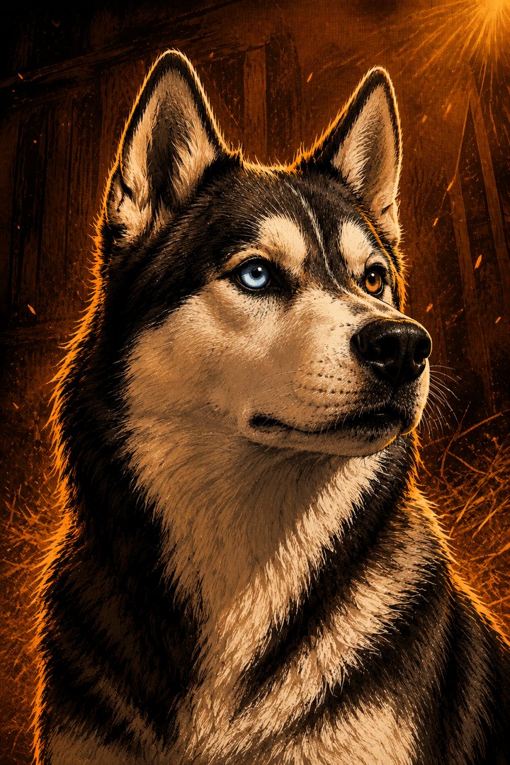 MILA: gray, black and white Siberian Husky, one blue eye and one brown eye, pink floral collar.