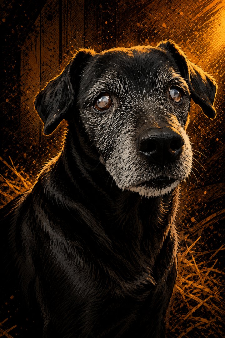THE SENIOR: senior black dog with a heavily grey-frosted face and cloudy brown eyes.