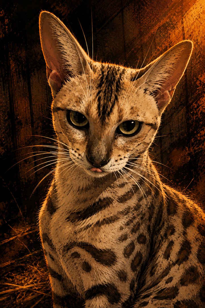 CHEETO: rosetted tan Bengal cat with oversized ears and pale green eyes.