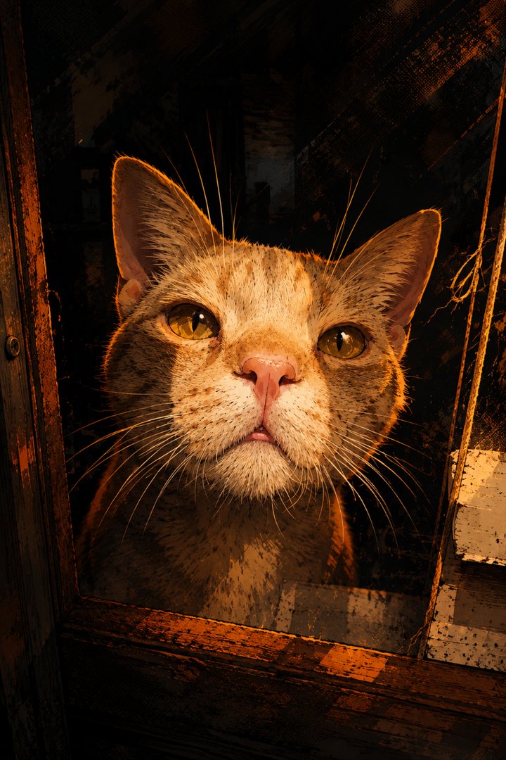 BLAKE: ginger mackerel tabby cat with amber eyes and a pink nose, at a window.
